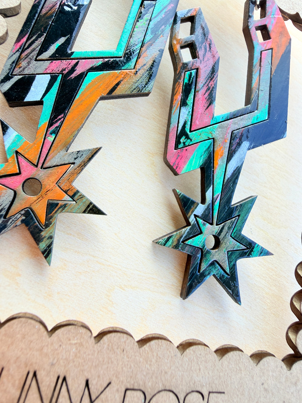 Spurs The Big Logo Earrings Hand Painted Wood 3"